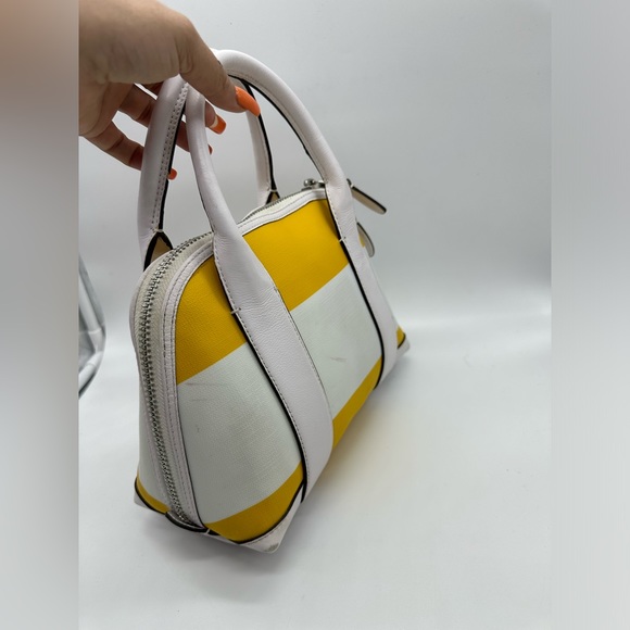 Coach Bleecker Mini Preston Striped Canvas Leather Satchel Yellow White - Picture 2 of 8